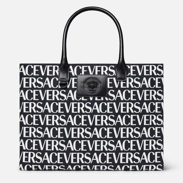 Versace Black White Logo Print Denim Canvas Tote Bag 40 With Cowhide Handle 175563