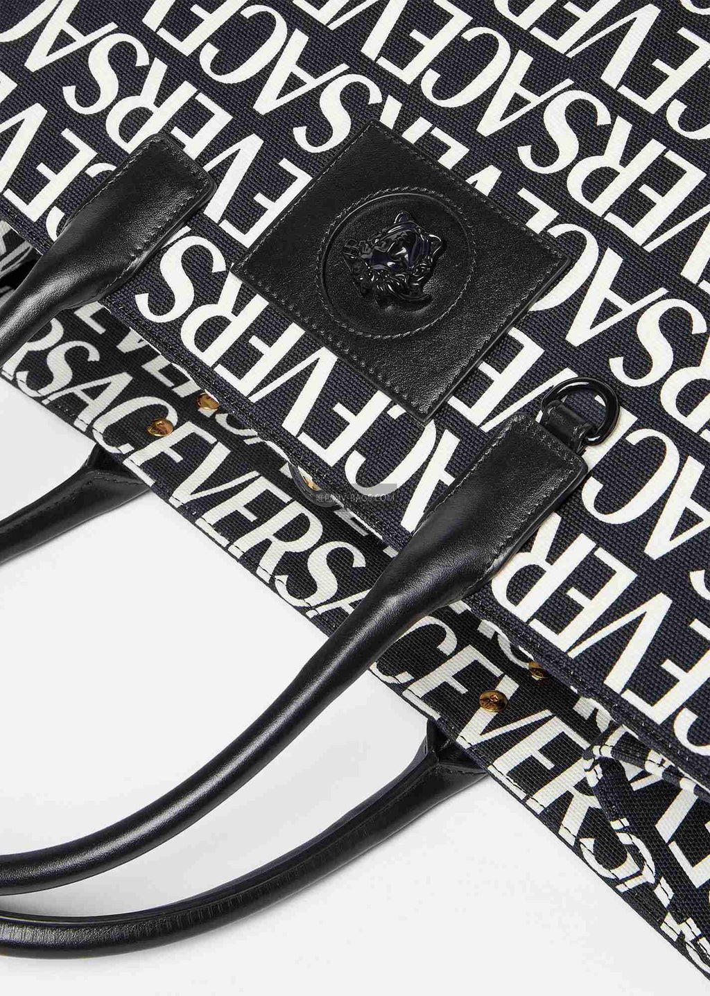 Versace Black White Logo Print Denim Canvas Tote Bag 40 With Cowhide Handle 175563