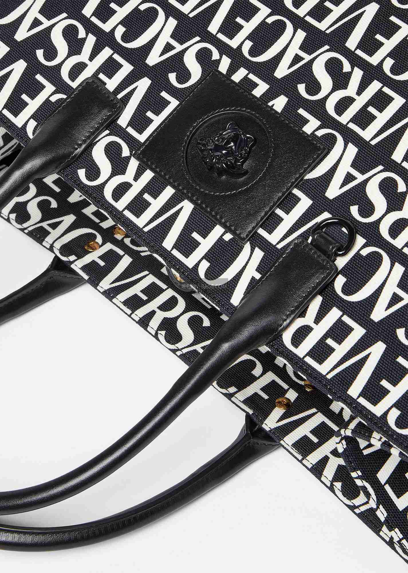 Versace Black White Logo Print Denim Canvas Tote Bag 40 With Cowhide Handle 175563