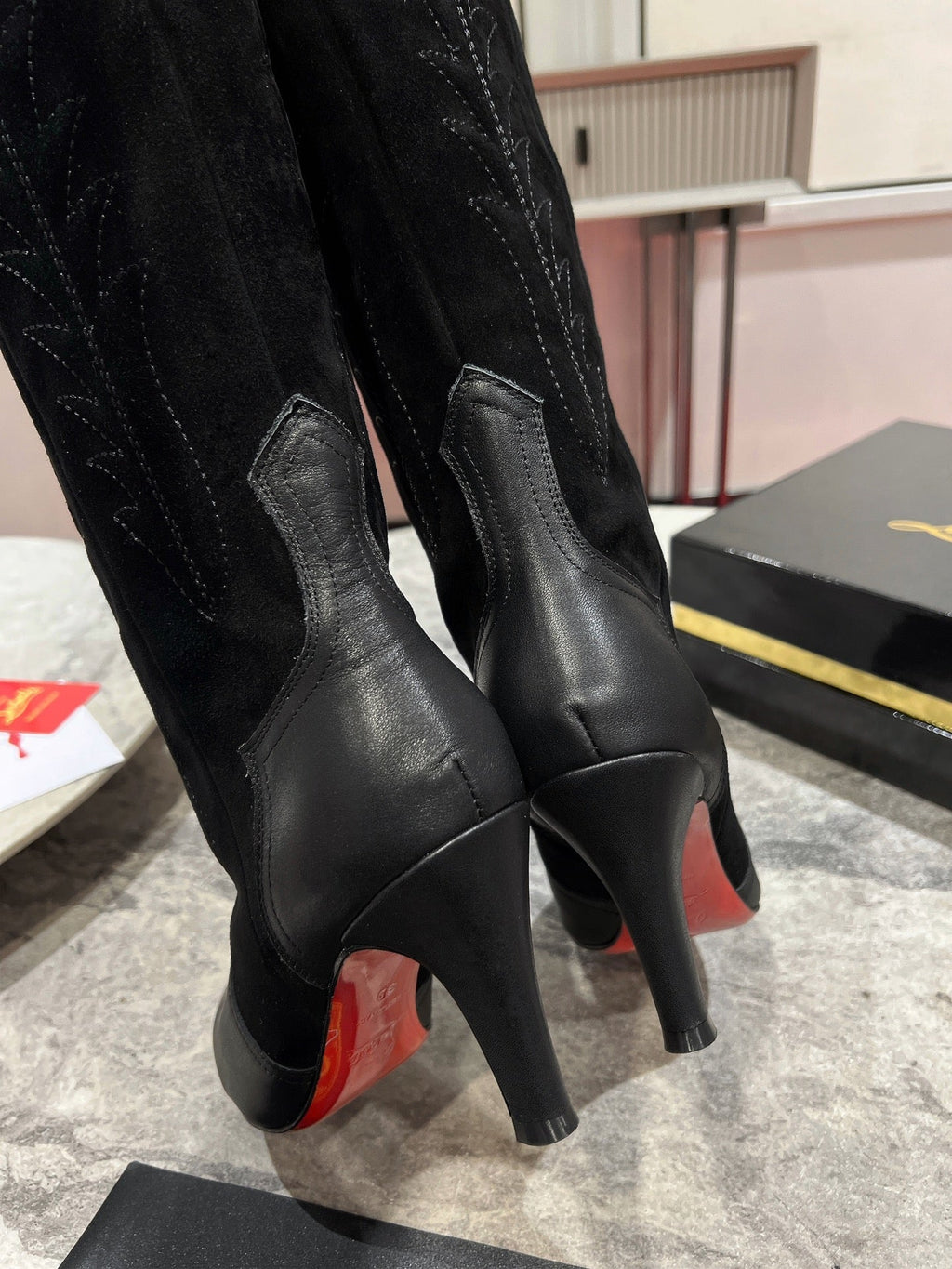 CL Santia Botta 85 mm Leather And Veau Velours Embroidery Black