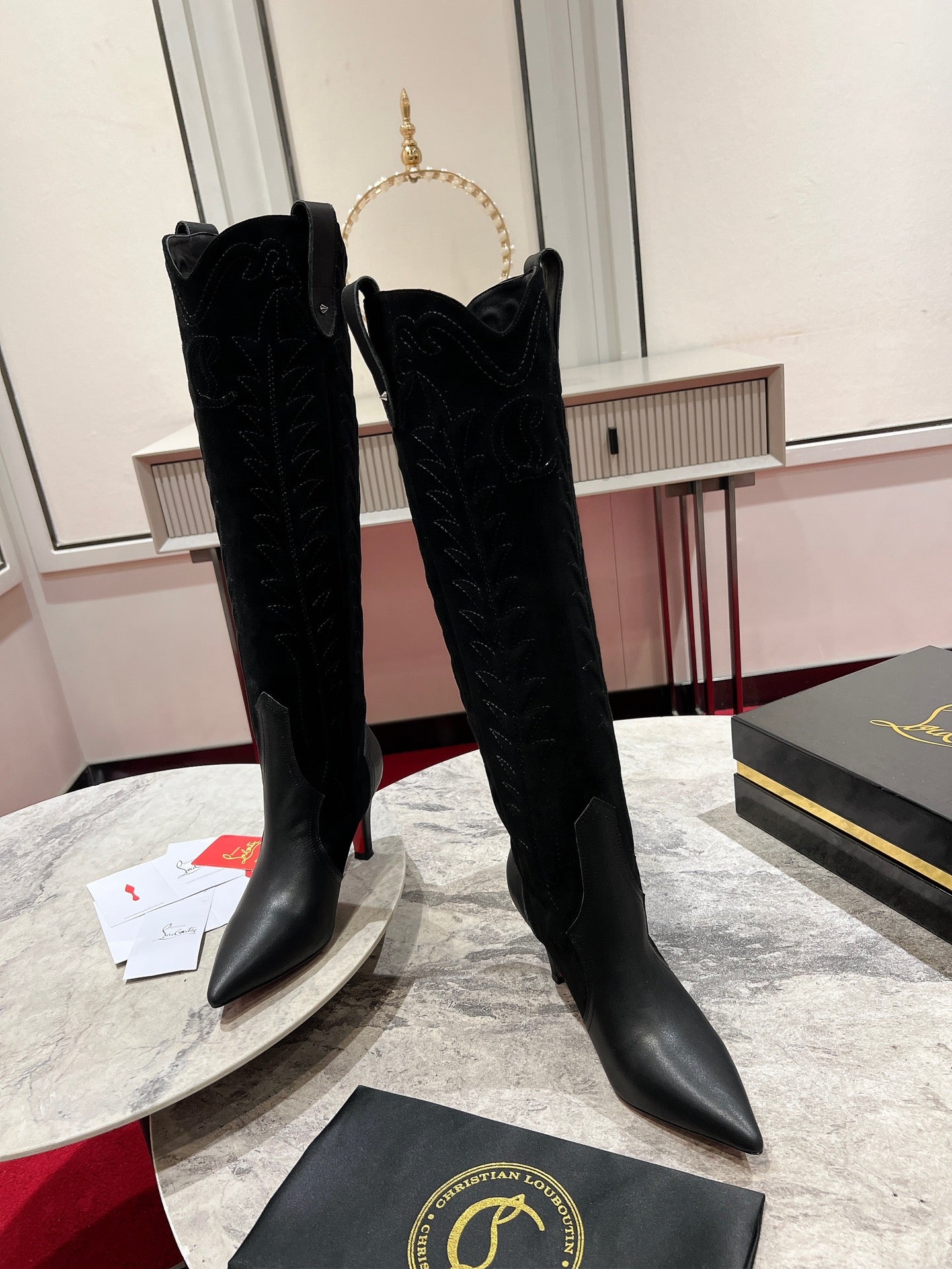 CL Santia Botta 85 mm Leather And Veau Velours Embroidery Black