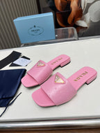 PRA SAFFIANO PATENT SLIDES OSTRICH MOTIF PINK CALFSKIN