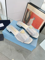 PRA SAFFIANO PATENT SLIDES SILVER CALFSKIN