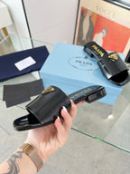PRA SAFFIANO PATENT SLIDES BLACK CALFSKIN