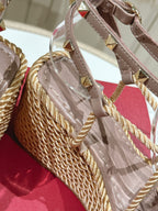 Garavani Rockstud Wedge Sandals 100mm In Beige Mix Rosy Brown Calfskin And Nylon Rope 829396