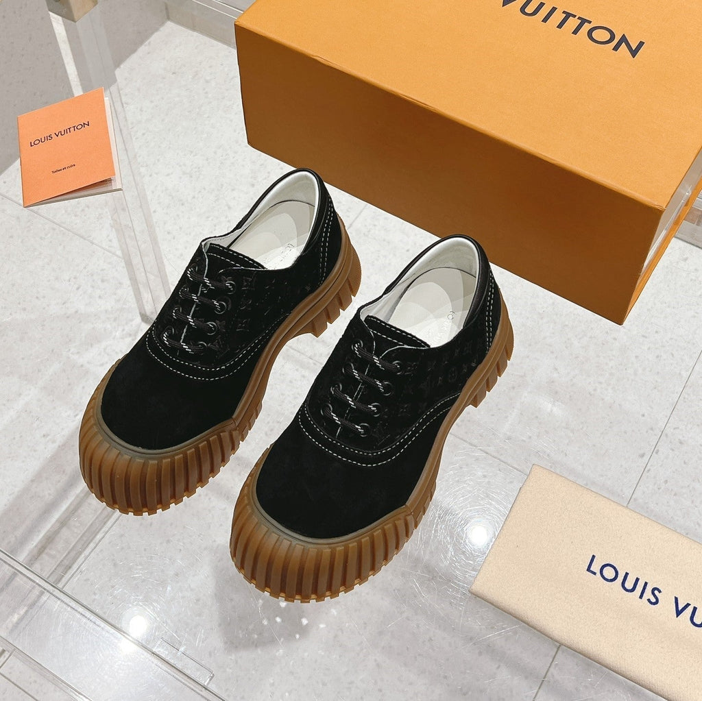LV Ruby Flat Derby Sneaker Black Embossed Suede 480788