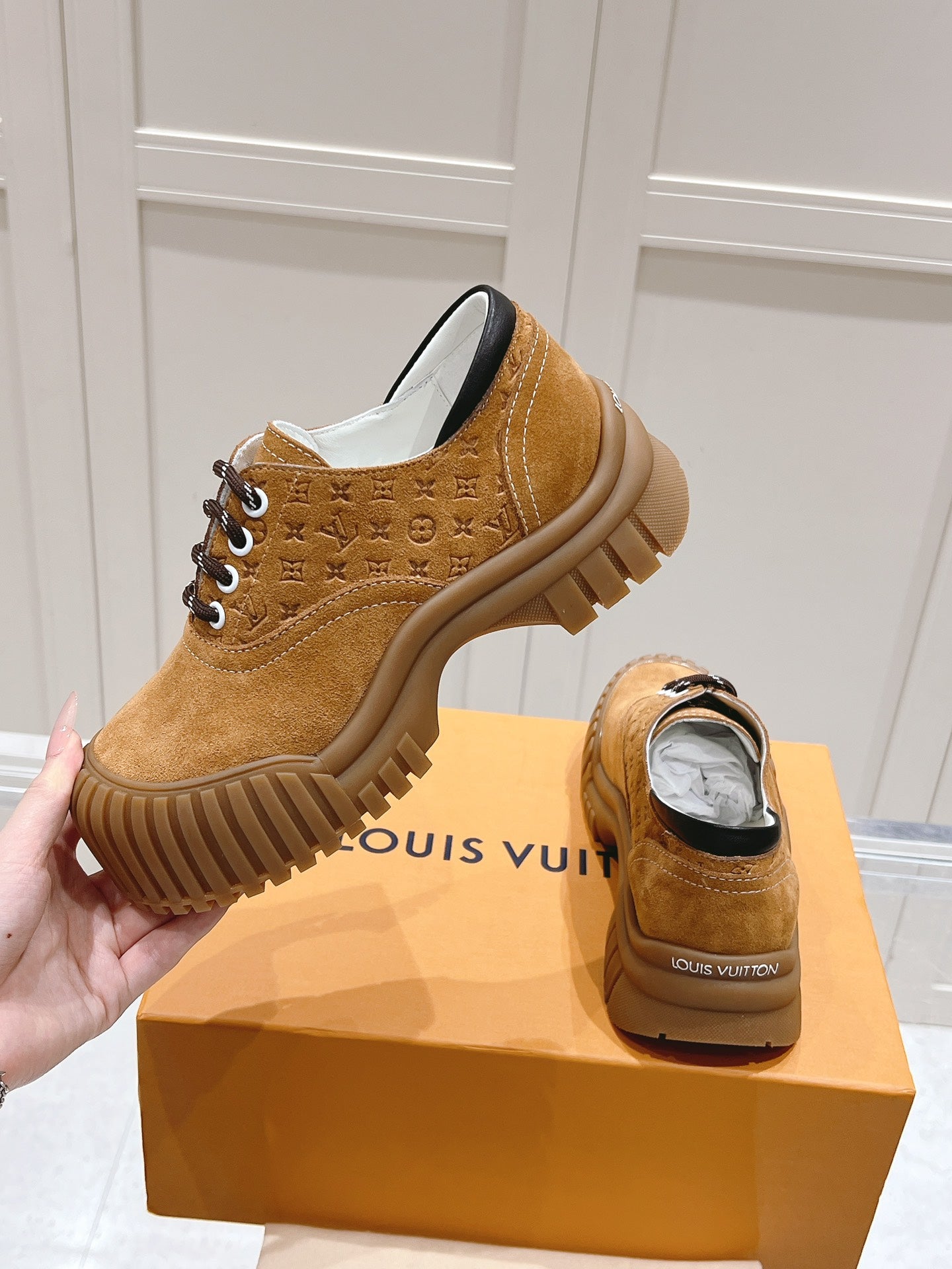 LV Ruby Flat Derby Sneaker Brown Embossed Suede 480789