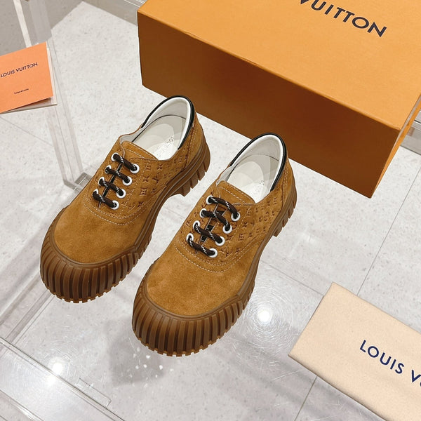 LV Ruby Flat Derby Sneaker Brown Embossed Suede 480789