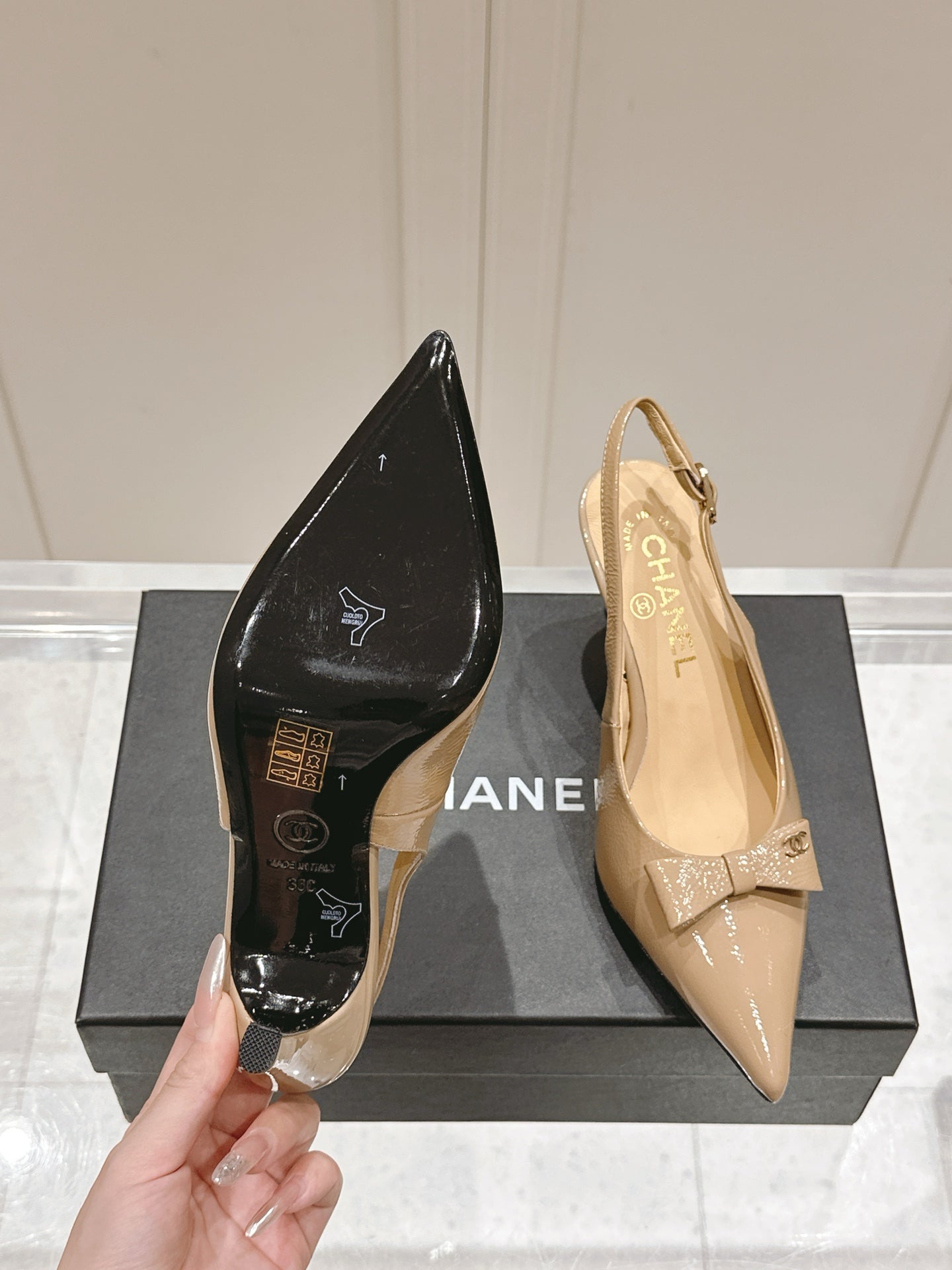 Chanel 25A Slingback Nude Patent Calfskin 393071
