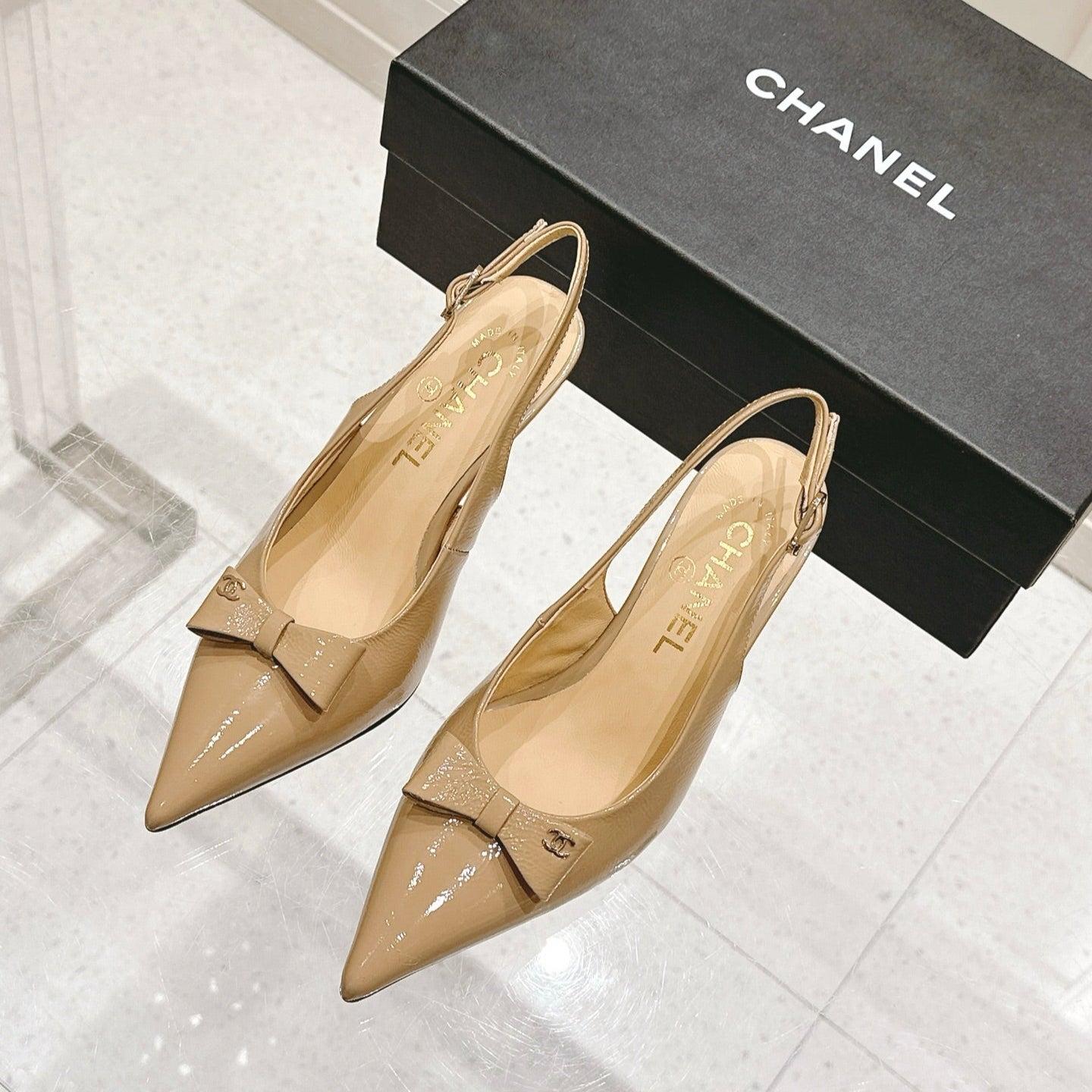 Chanel 25A Slingback Nude Patent Calfskin 393071