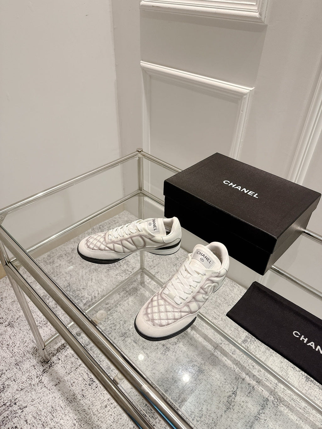 Chanel 25A Sports Shoes White Black Sheepskin 393112