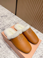 Miu Shearling-Lined Mules Brown Cowhide 481433