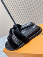 LV 25SS FW Platform Slippers Black Canvas Wool 533770
