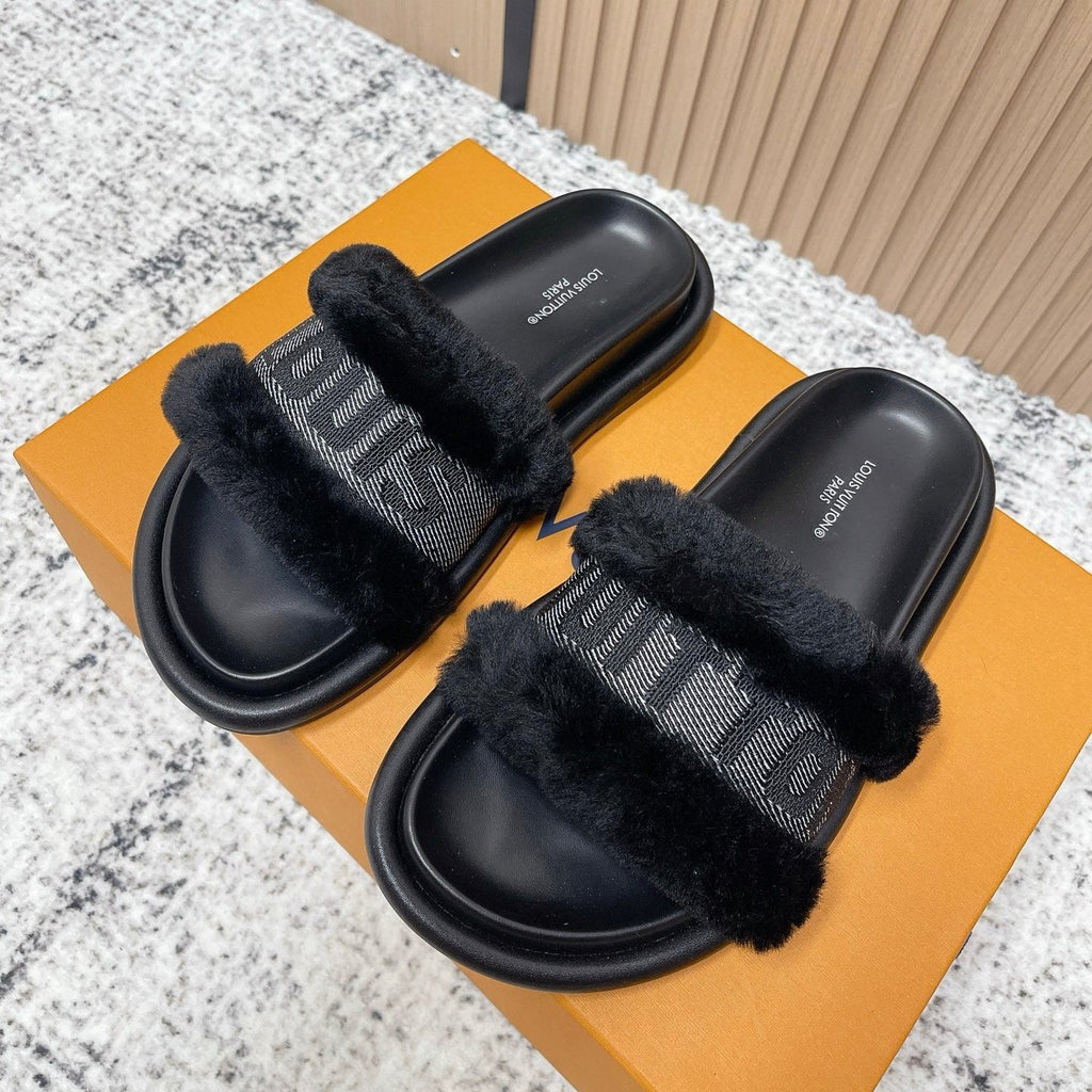 LV 25SS FW Platform Slippers Black Canvas Wool 533770