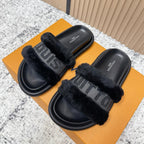 LV 25SS FW Platform Slippers Black Canvas Wool 533770