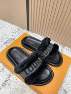 LV 25SS FW Platform Slippers Black Canvas Wool 533770