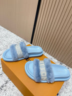 LV 25SS FW Platform Slippers Blue Canvas Wool 533771