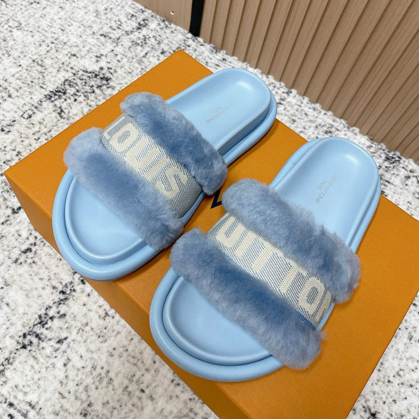 LV 25SS FW Platform Slippers Blue Canvas Wool 533771