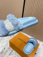 LV 25SS FW Platform Slippers Blue Canvas Wool 533771