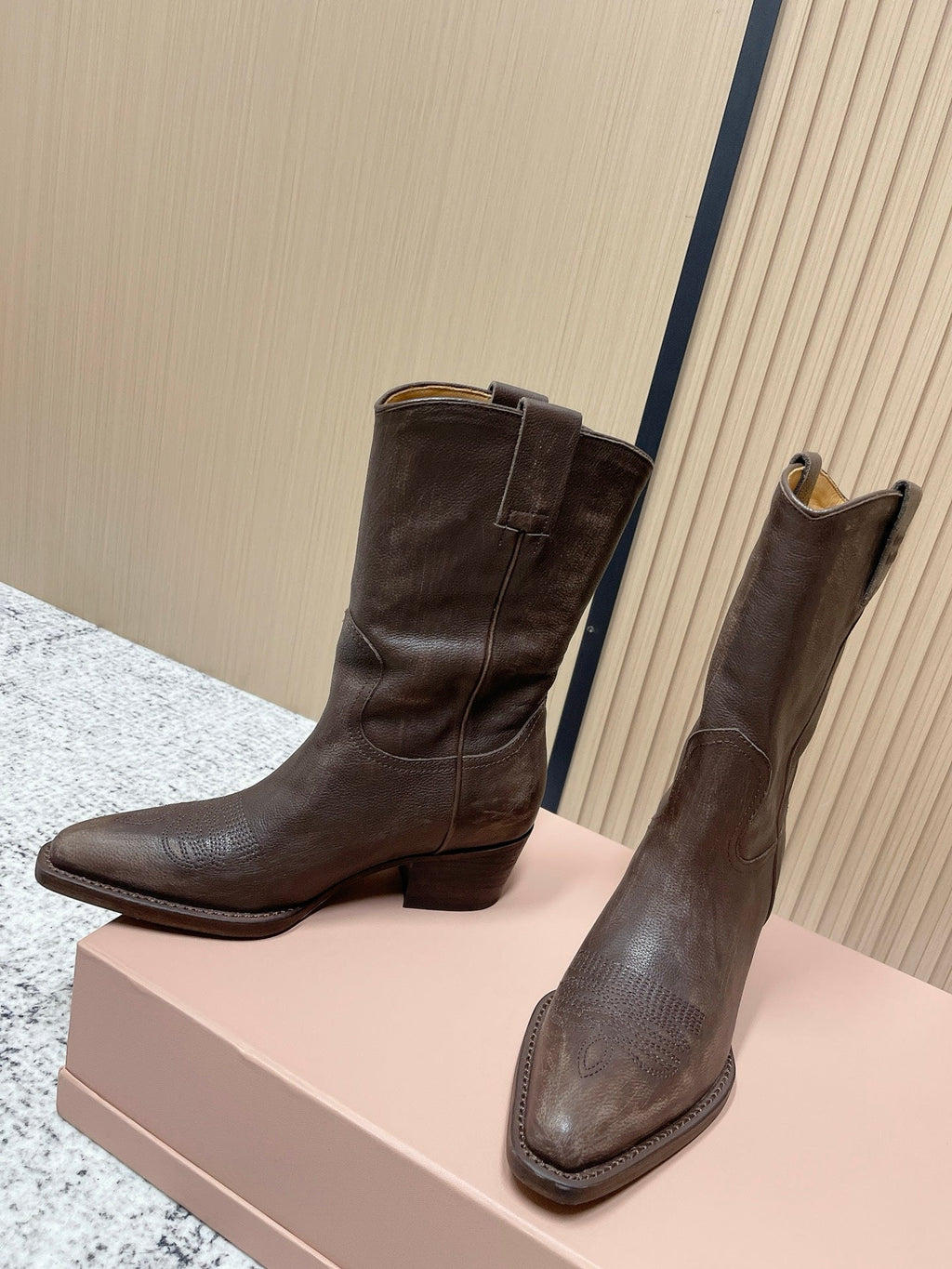 Miumiu Latest FW Western Cowboy Boots Brown Genuine Leather 533965