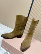 Miumiu Latest FW Western Cowboy Boots Khaki Suede 533966