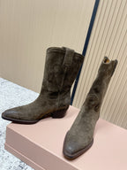 Miumiu Latest FW Western Cowboy Boots olive green  Suede 533967
