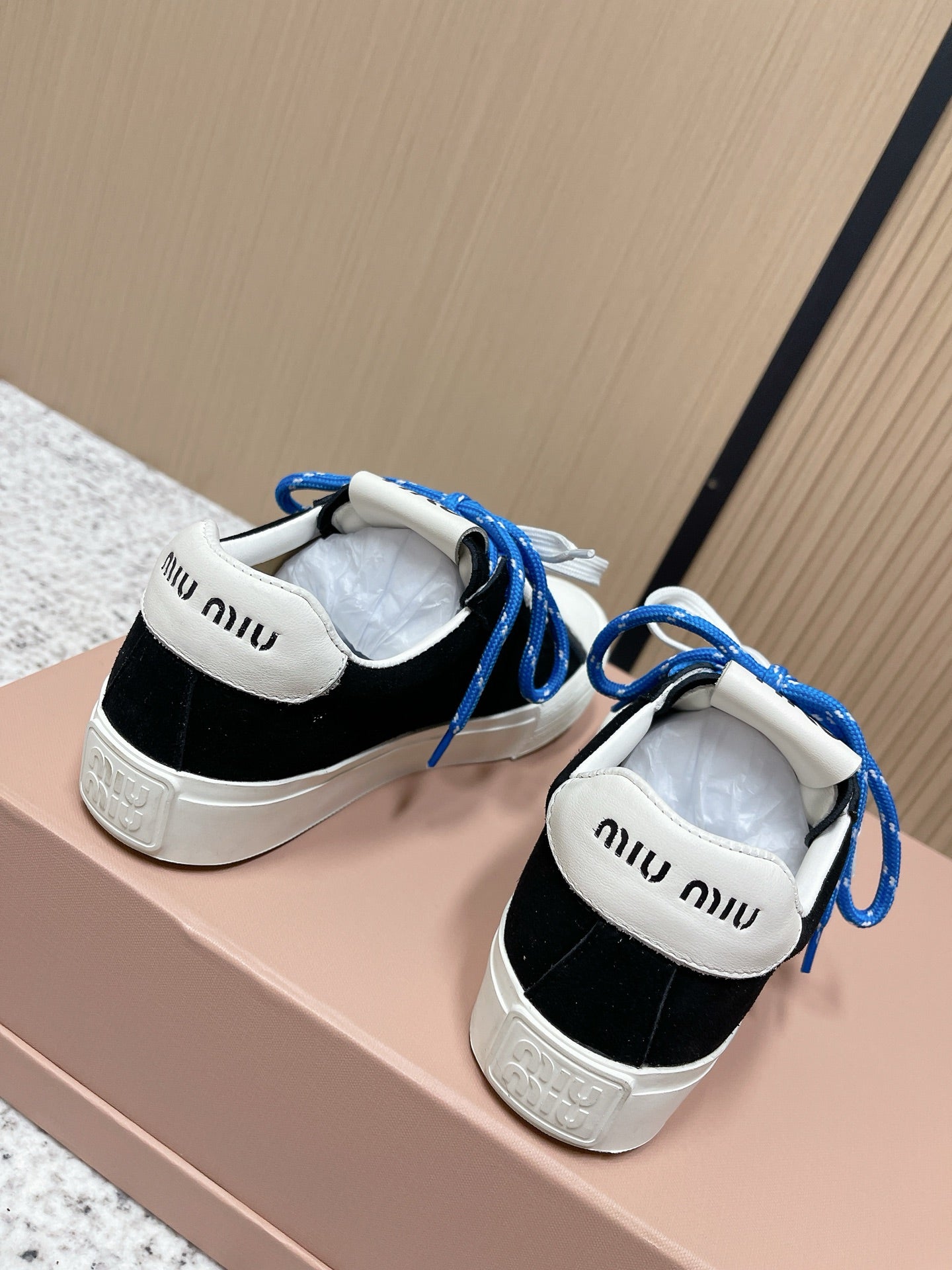 Miu Miu Plume Sneakers Black White Blue Suede Cowhite 533982