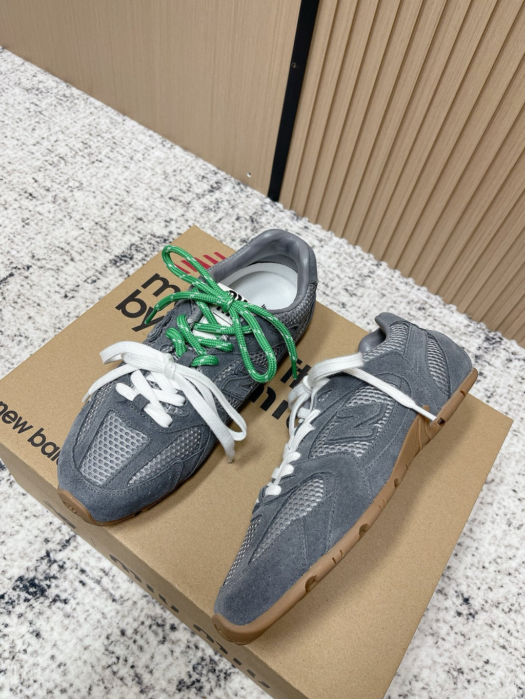 MiuMiu x New Balance Casual Sneakers Gray White Green Patent Leather and Mesh 533992