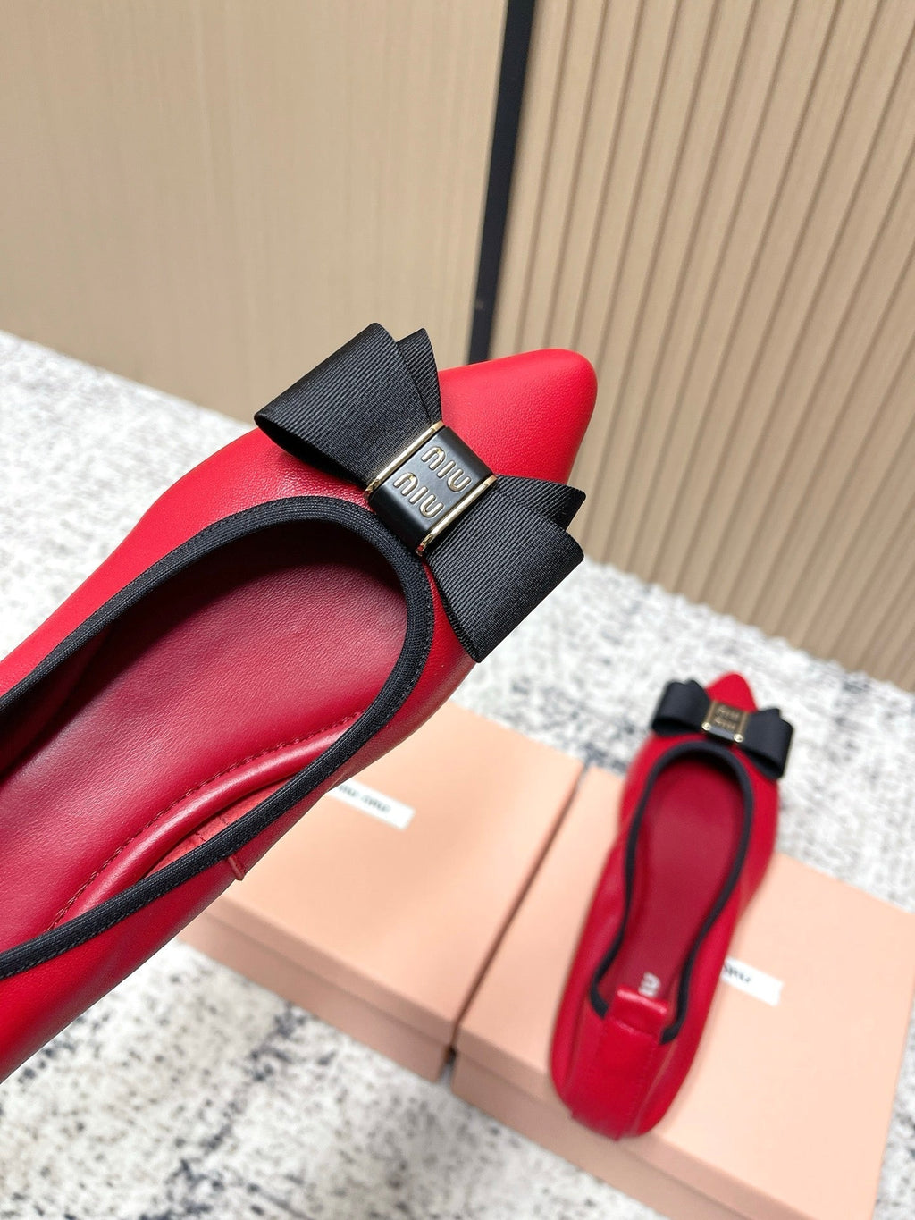 Miu Pointed-Toe Ballet Flats Red Sheepskin 591566