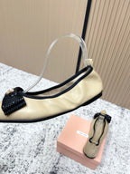Miu Pointed-Toe Ballet Flats Beige Sheepskin 591569