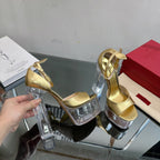 HIGH SANDAL 14CM IN GOLD CALFSKIN AND TRANSPARENT PVC