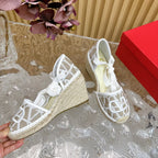 Valentino Wedge High Heel Lace-Up Sandals 85mm In Brown Grey Mix White Canvas Fabric And Raffia 814613