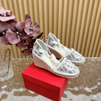Valentino Wedge High Heel Lace-Up Sandals 85mm In Brown Grey Mix White Canvas Fabric And Raffia 814613