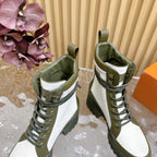 LV Laureate Platform Desert Boot 70mm White Mix Khaki Green Denim Fabric