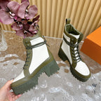 LV Laureate Platform Desert Boot 70mm White Mix Khaki Green Denim Fabric
