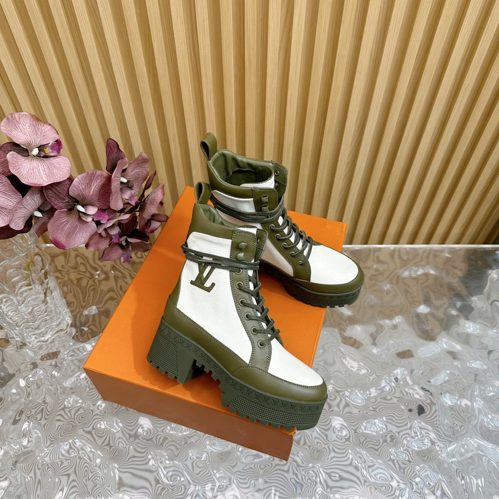 LV Laureate Platform Desert Boot 70mm White Mix Khaki Green Denim Fabric
