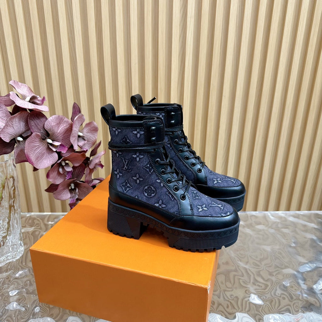 LV Laureate Platform Desert Boot 70mm Blue Black Monogram Jacquard Fabric