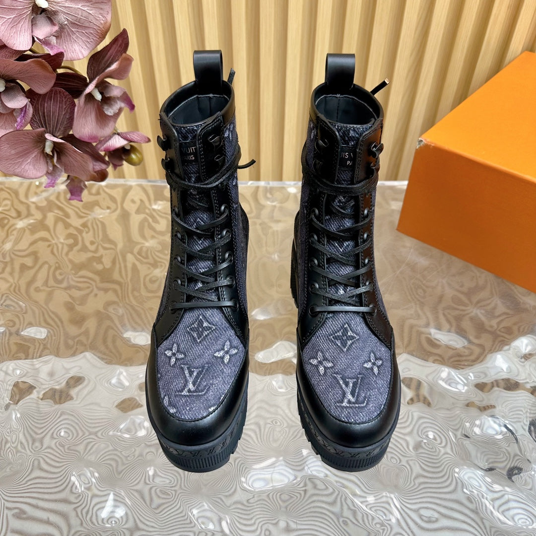 LV Laureate Platform Desert Boot 70mm Blue Black Monogram Jacquard Fabric