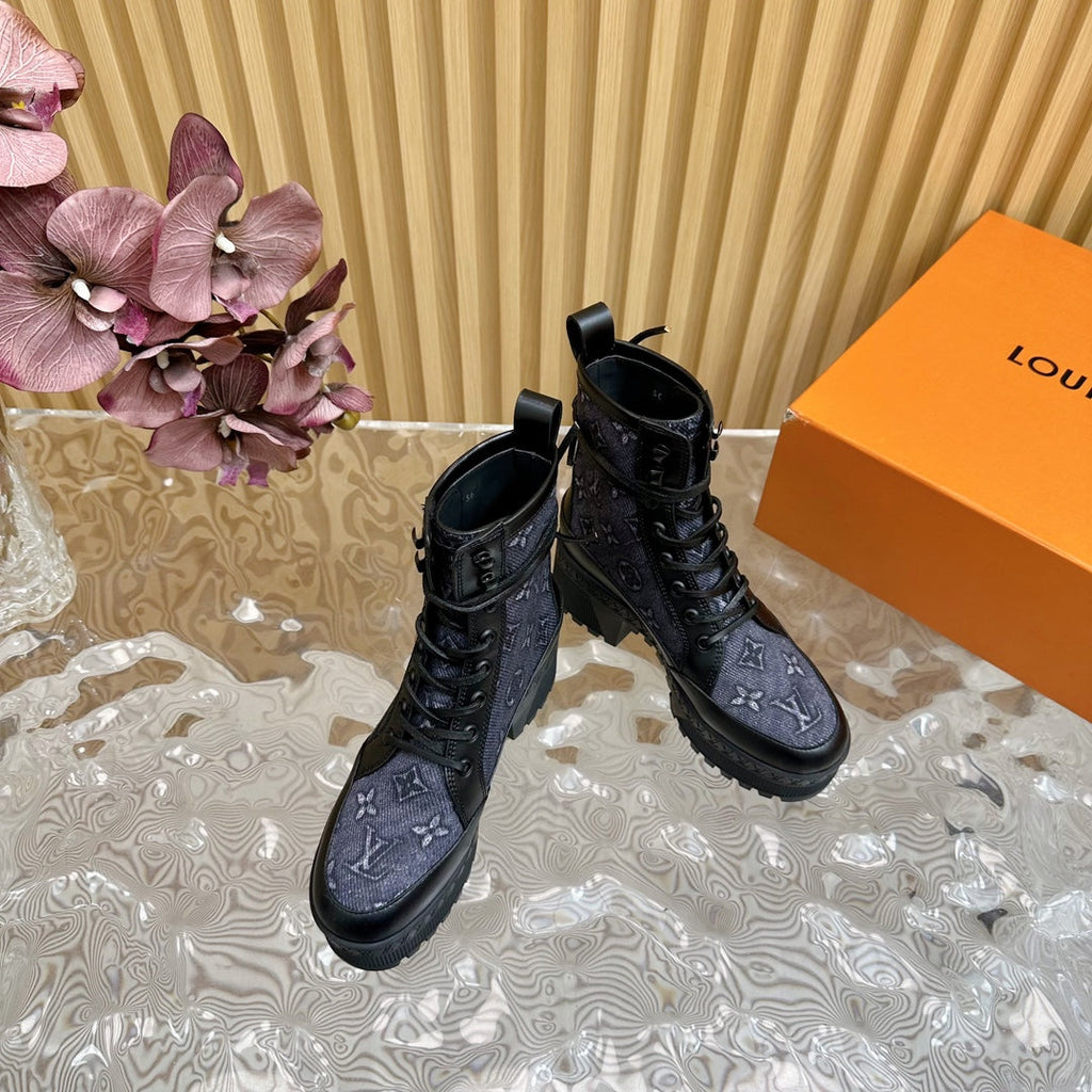 LV Laureate Platform Desert Boot 70mm Blue Black Monogram Jacquard Fabric