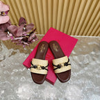 VLogo Raffia-Trimmed Leather Slides In Brown Chocolate Mix Beige Sedge Weaving Yarn And Lambskin 102813