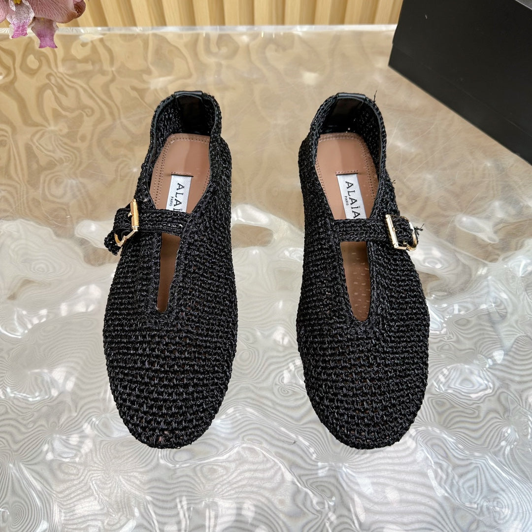 Alaia Ballet Flats In Black Stretch Woven Sedge 102276