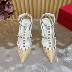 Rockstud Pump In Dark Beige Mix White Pied-de-poule Fabric And Cowhide 95mm 102083