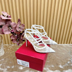 Rockstud Metallic Ankle Strap Pump 95mm White Lambskin And Lace Fabric 102093