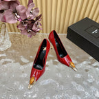 ORANGE GEM-STUDDED HIGH PUMPS IN RED PATENT CALFSKIN