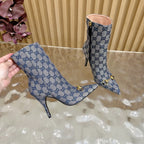 Gucci 2025 Thick-heeled Square-toed Ankle Boots Blue Sheepskin Fabric 498065