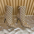 Gucci 2025 Thick-heeled Square-toed Ankle Boots Beige Gold Sheepskin Fabric 498067