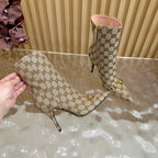 Gucci 2025 Thick-heeled Square-toed Ankle Boots Beige Gold Sheepskin Fabric 498067