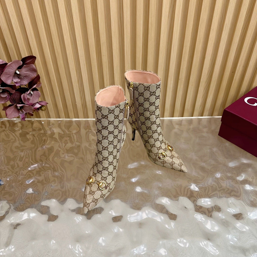 Gucci 2025 Thick-heeled Square-toed Ankle Boots Beige Gold Sheepskin Fabric 498067