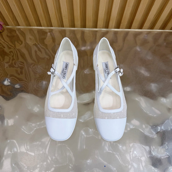 Jimmy Choo Mary Jane Flat Shoes White Mesh Leather 537766