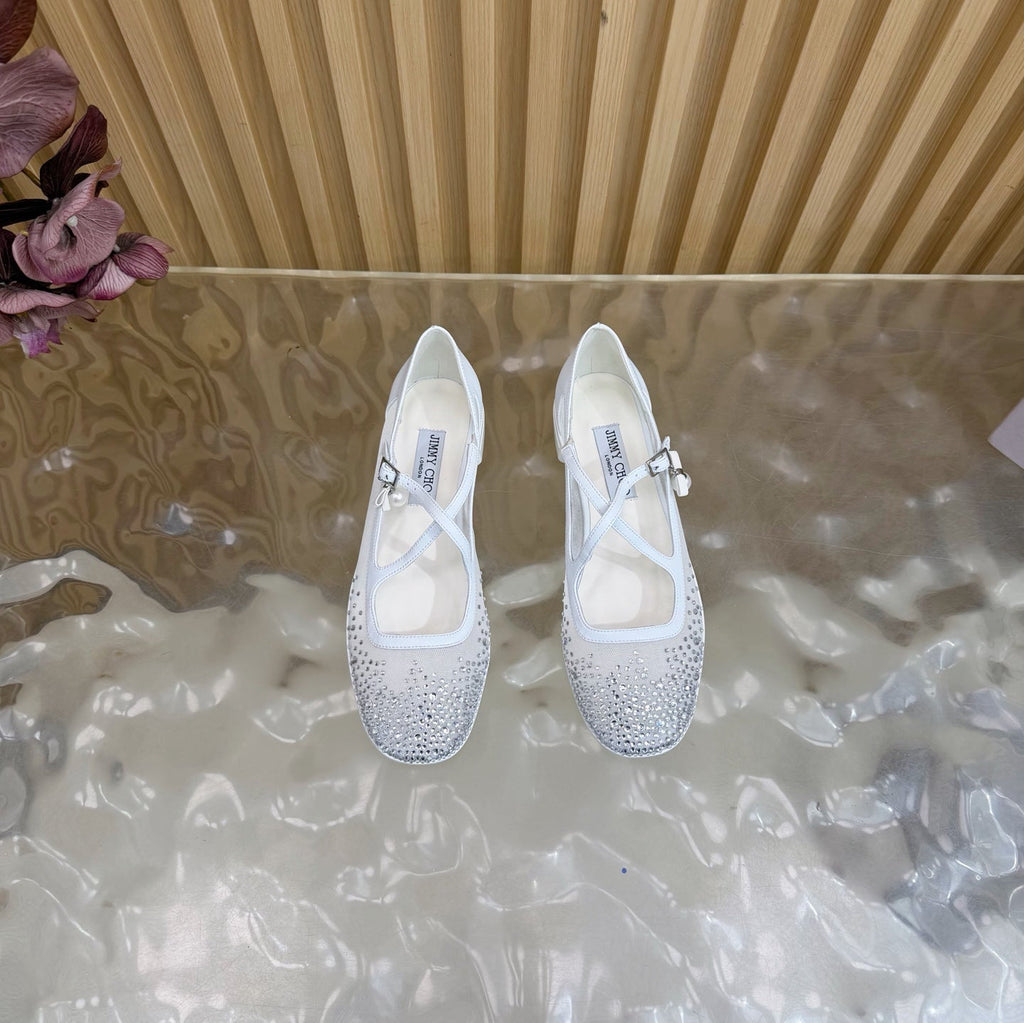Jimmy Choo Mary Jane Flat Shoes White Mesh Cross Strap Pearl 537767